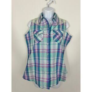 Wrangler Western Plaid Sleeveless Snap Button Shirt Lace Yoke Small